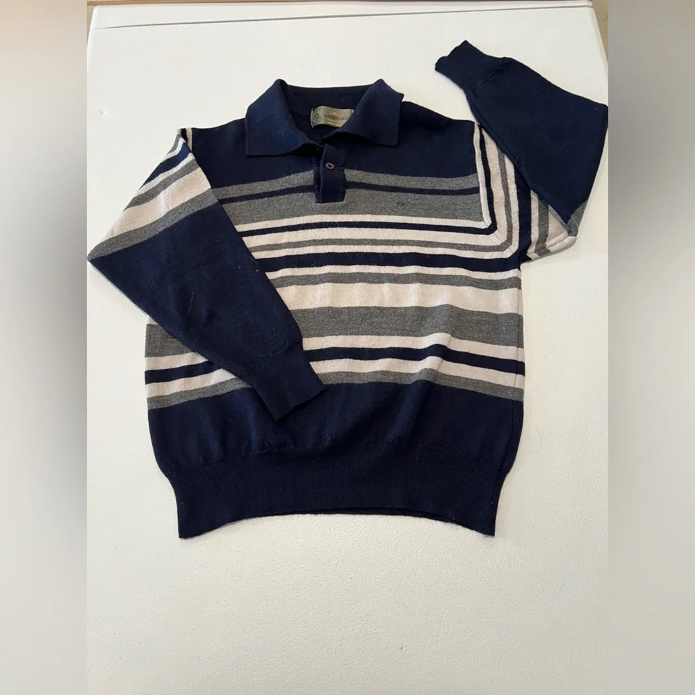 Monte Carlo striped sweater 1/4 button 100 % MAGNA WOOL collar Sz 40 12/14Years